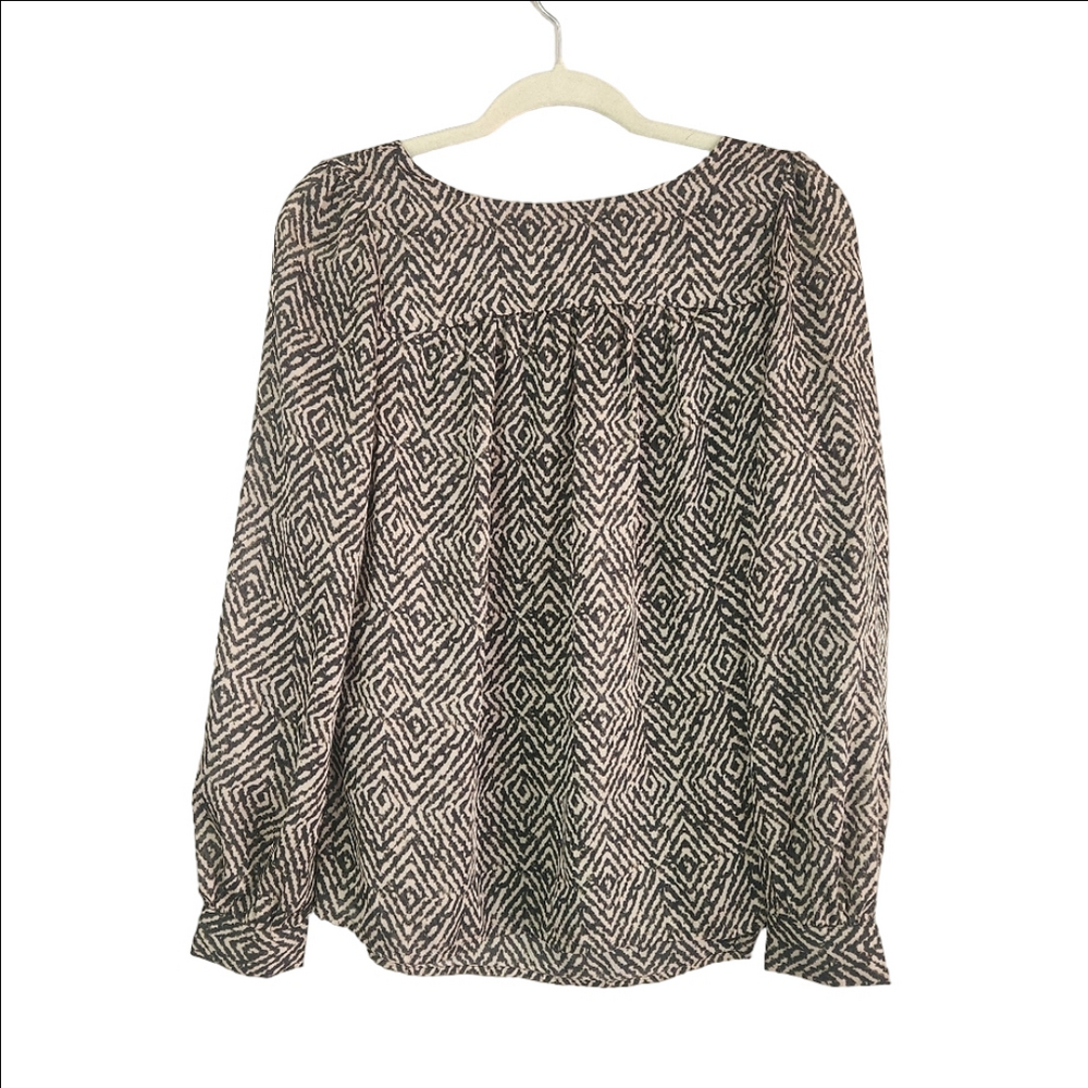 Ann Taylor Loft Print Semi-Sheer long sleeve blouse size Small top black and tan